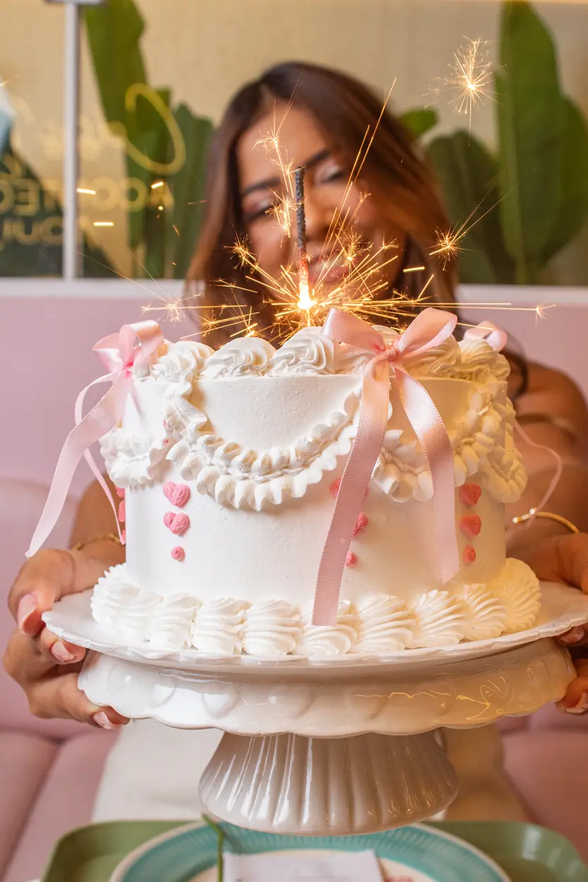 Cliente segurando bolo branco com laços rosa e vela faísca acesa